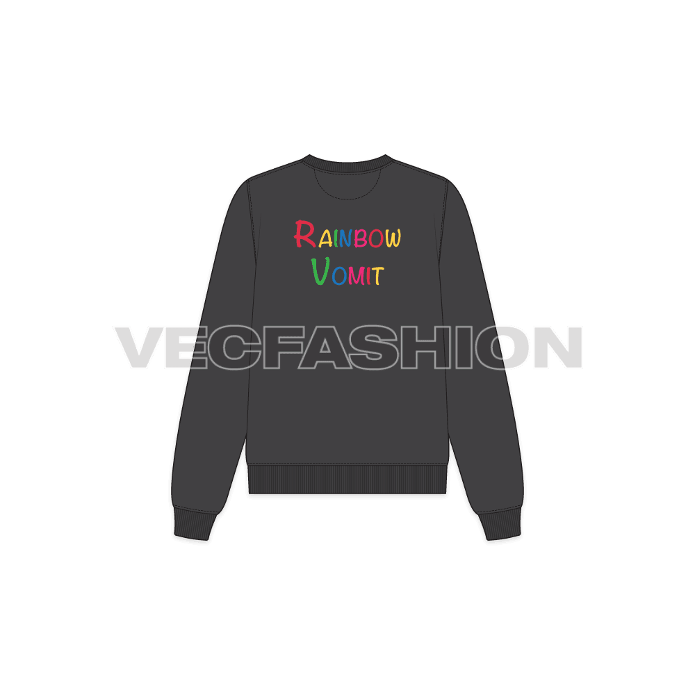 A Women's Fashion Flat of Sweatshirt inspired by Snapchat Rainbow Vomit. It has a creative and original graphic on front and back. The style of Sweatshirt is basic and has a crew neck with 2x2 rib on neck, sleeves and bottom hem.