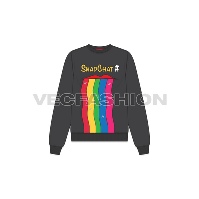 A Women's Fashion Flat of Sweatshirt inspired by Snapchat Rainbow Vomit. It has a creative and original graphic on front and back. The style of Sweatshirt is basic and has a crew neck with 2x2 rib on neck, sleeves and bottom hem.