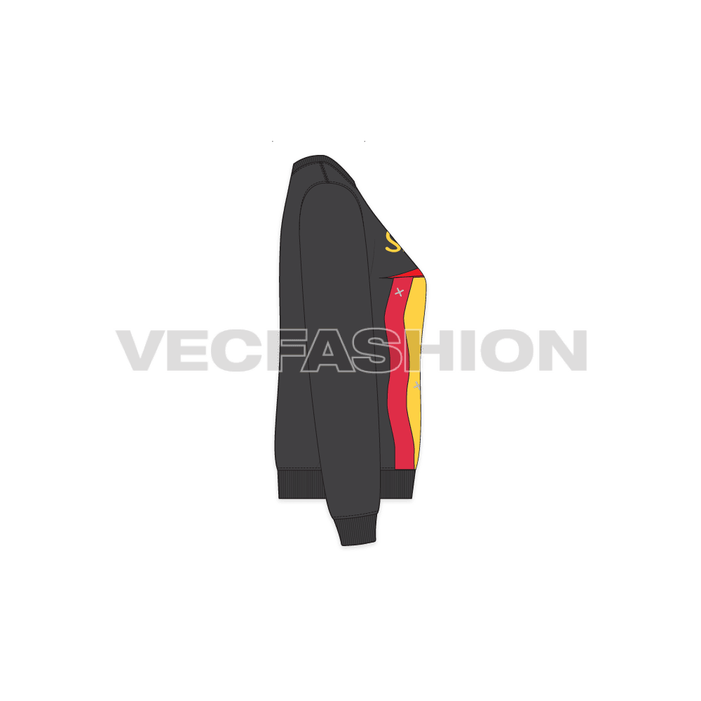 Womens snapchat sweatshirt flat sketch, side view