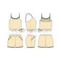 Womens spaghetti top and shorts flat sketch, showing all views, front, side and back