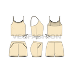 Womens spaghetti top and shorts flat sketch, showing all views, front, side and back