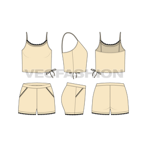 A vector illustrator template for Women's Spaghetti Top and Shorts. It is rendered in two colors and have fancy details like drawstrings, small lace around the neck and leg opening.  
