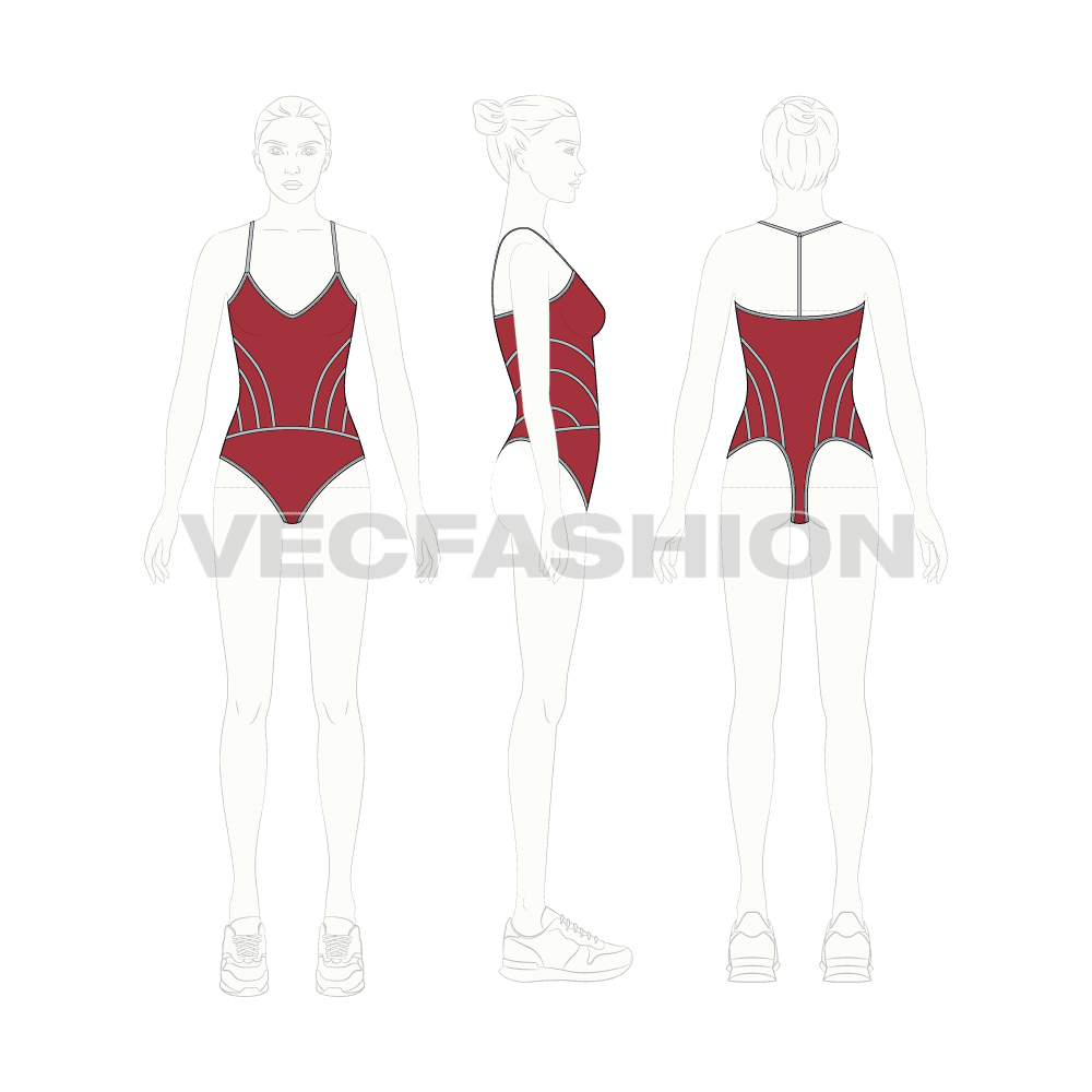 Womens sport bodysuit flat sketch, croqui sketch