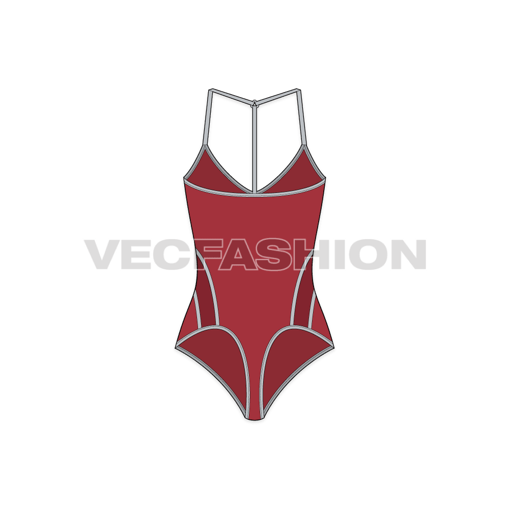 Womens sport bodysuit flat sketch, back view