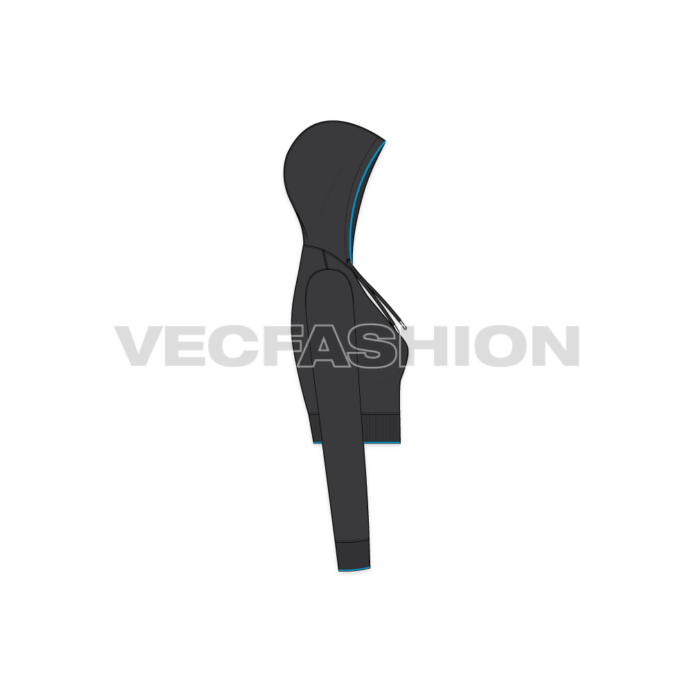 Womens sport crop hoodie flat sketch, side view