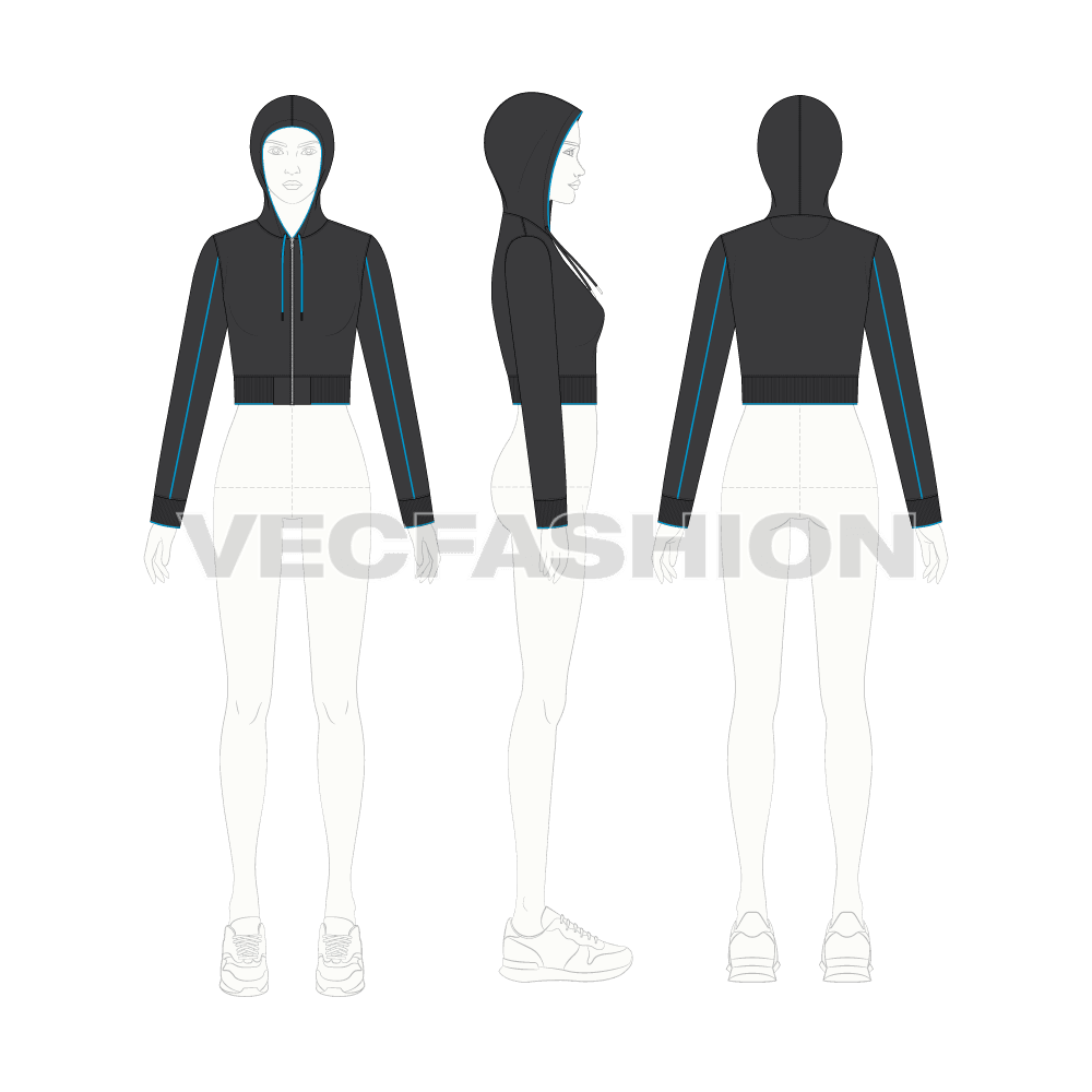 Womens sport crop hoodie flat sketch, croqui sketch