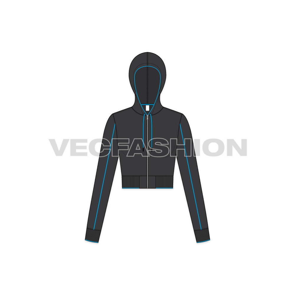Womens sport crop hoodie flat sketch, front view