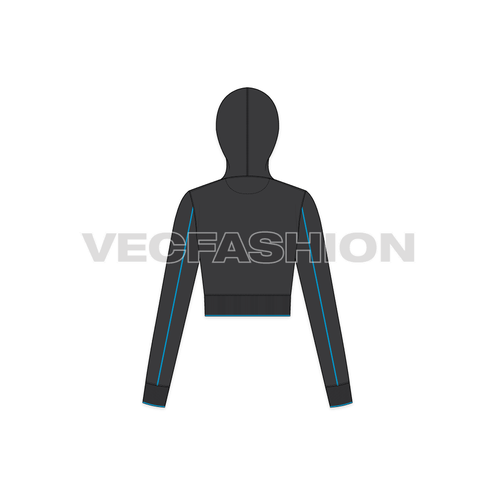 Womens sport crop hoodie flat sketch, back view