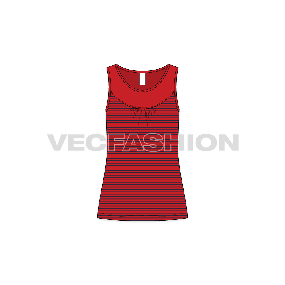 A modern style template for Women's Sport Fashion Tank Top in Red and Navy Blue color. This template has a Sport Fashion Top with contrast panel on chest. The neckline is wide and is inspired by the Nautical Boat Neck, there is a self color binding on armholes and neckline.