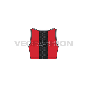 A vector fashion sketch template of Women's Sport Mesh Bra. It has a mesh panel body on front and on center of the back. The neck and armhole edging is in contrast color with flat lock stitching.