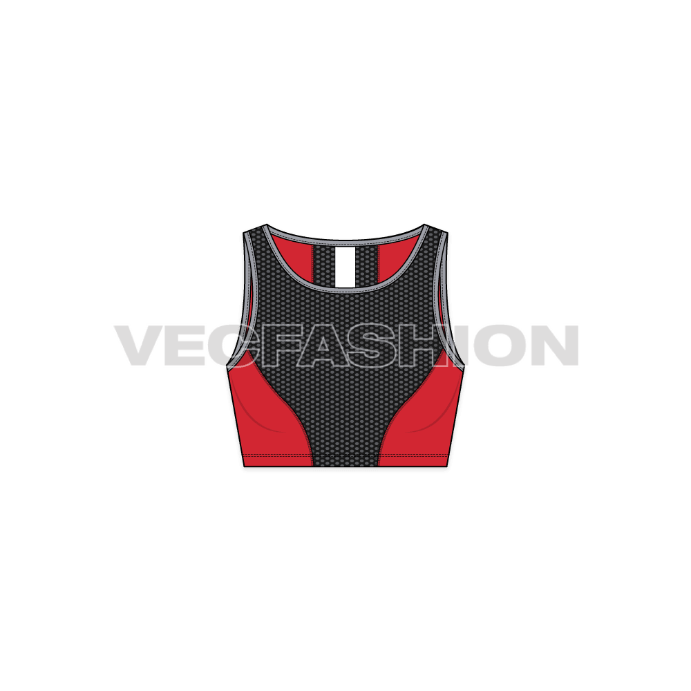 A vector fashion sketch template of Women's Sport Mesh Bra. It has a mesh panel body on front and on center of the back. The neck and armhole edging is in contrast color with flat lock stitching.