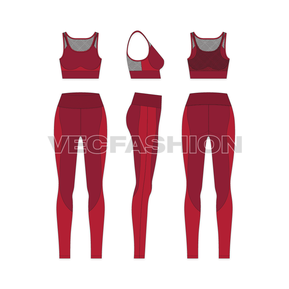 Womens sport mesh suit flat sketch, showing all views, front, side and back