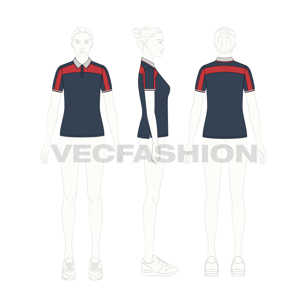 Womens sport polo neck t-shirt flat sketch, croqui sketch