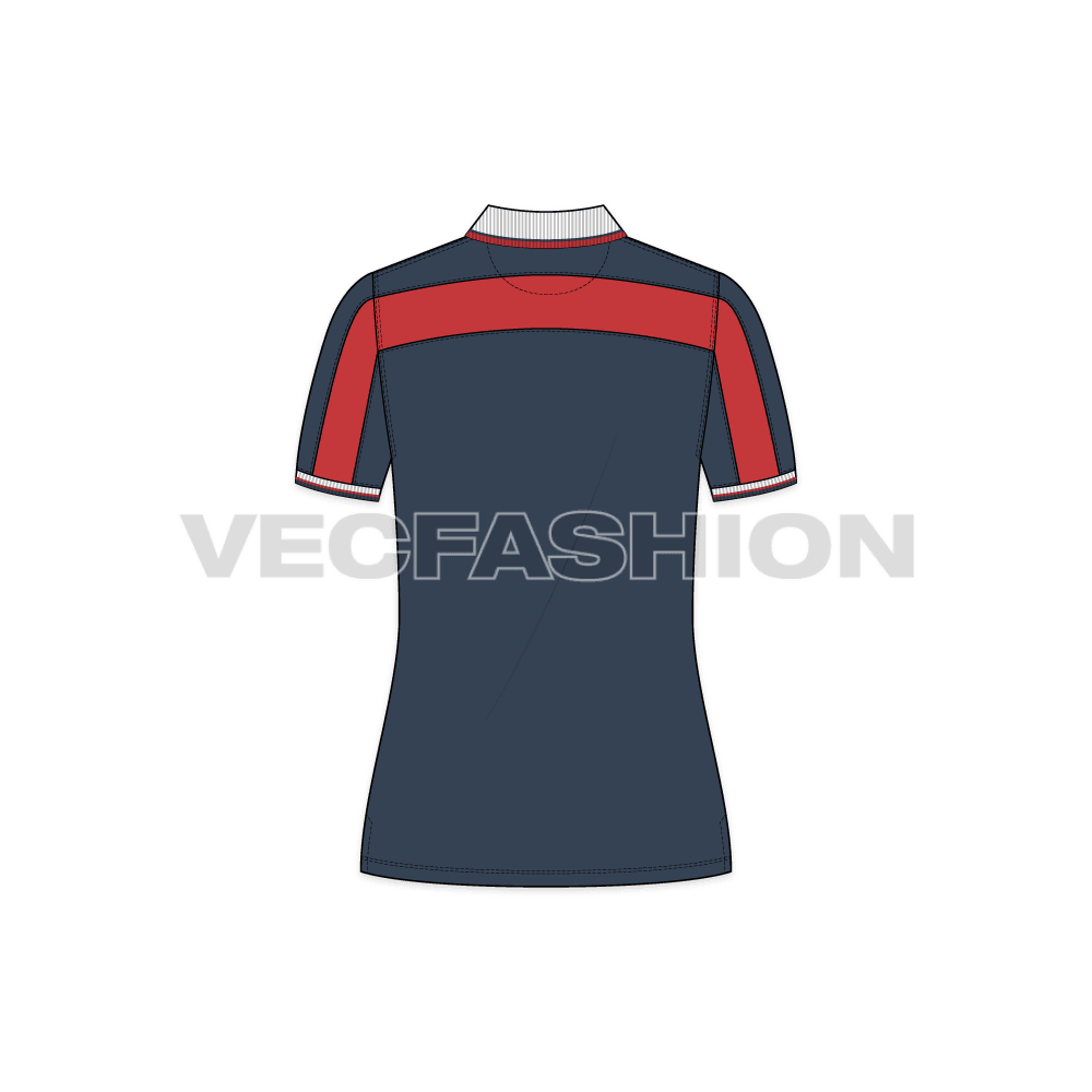 Womens sport polo neck t-shirt flat sketch, back view