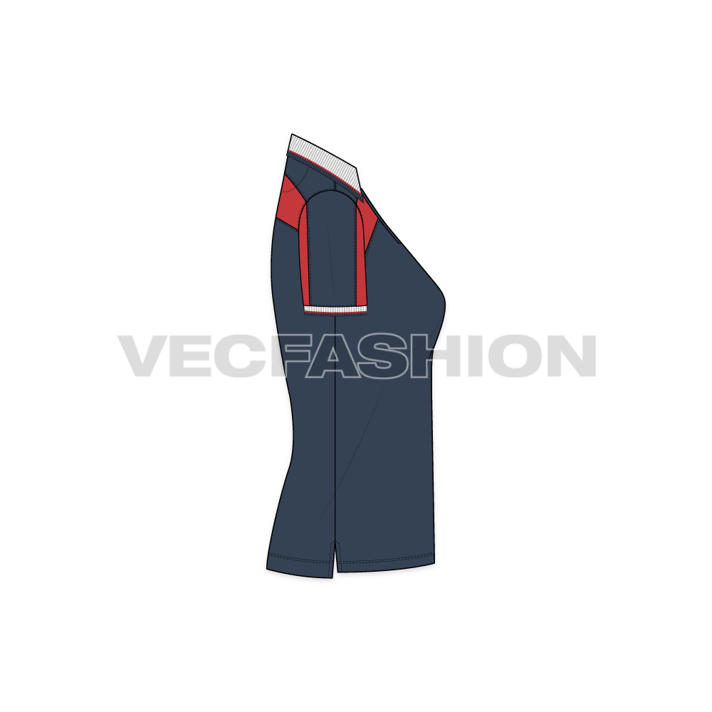 Womens sport polo neck t-shirt flat sketch, side view