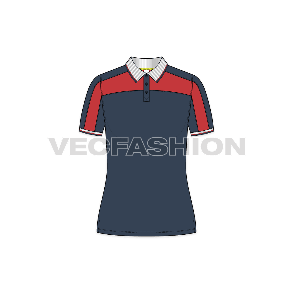 Womens sport polo neck t-shirt flat sketch, front view