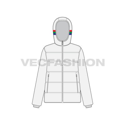 A vector template for Women's Sport Puffer Jacket. It has colored contrast stripes on the hood and have special drawstrings and side pockets on front.