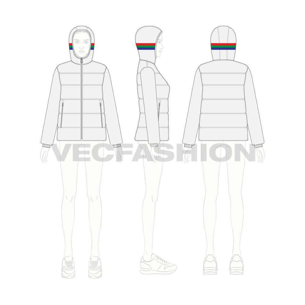 Women's Sport Puffer Jacket flat sketch, croqui sketch