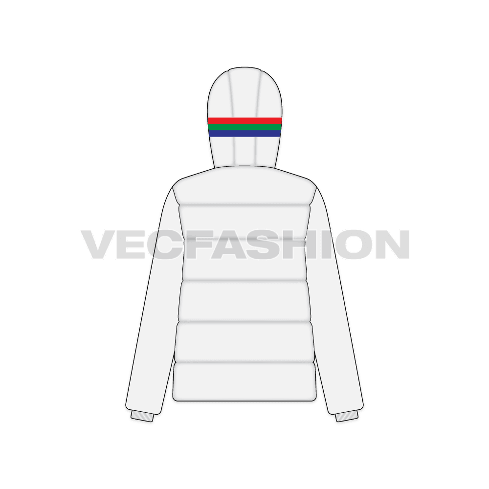 A vector template for Women's Sport Puffer Jacket. It has colored contrast stripes on the hood and have special drawstrings and side pockets on front.