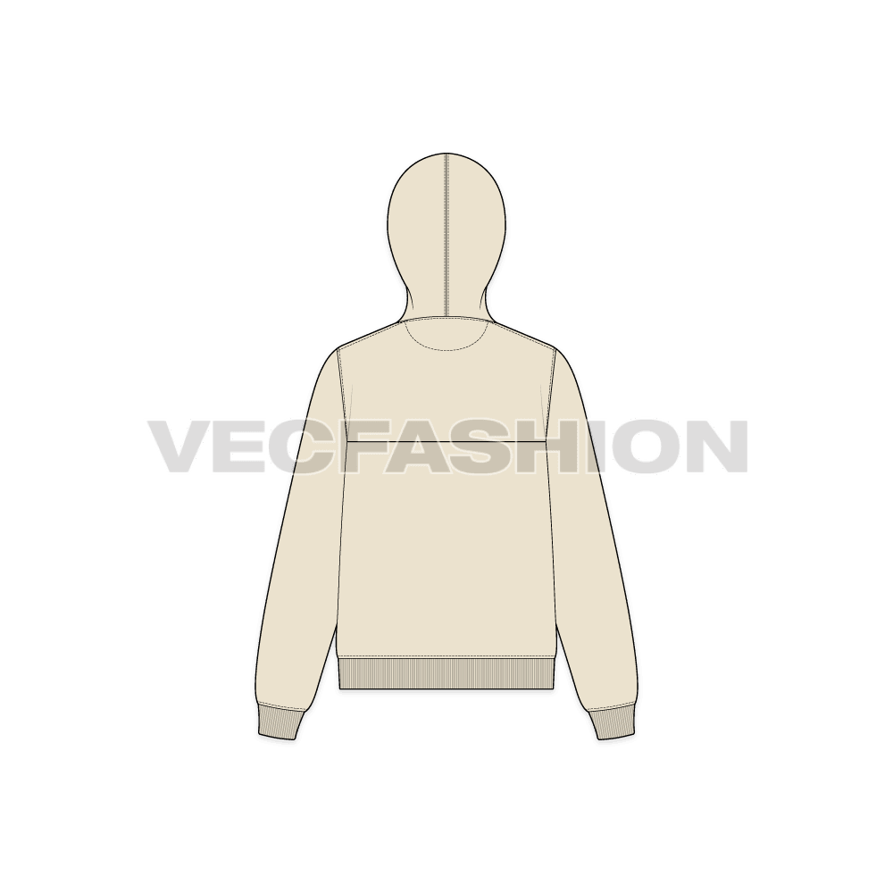 Womens sport pullover hoodie flat sketch, back view