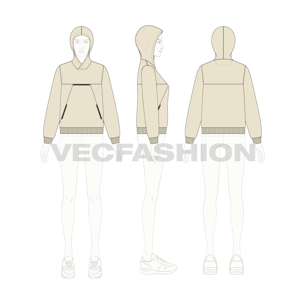 Womens sport pullover hoodie flat sketch, croqui sketch