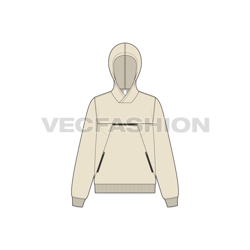 Womens sport pullover hoodie flat sketch, front view