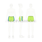 Womens sport shorts, curved hem flat sketch, croqui sketch