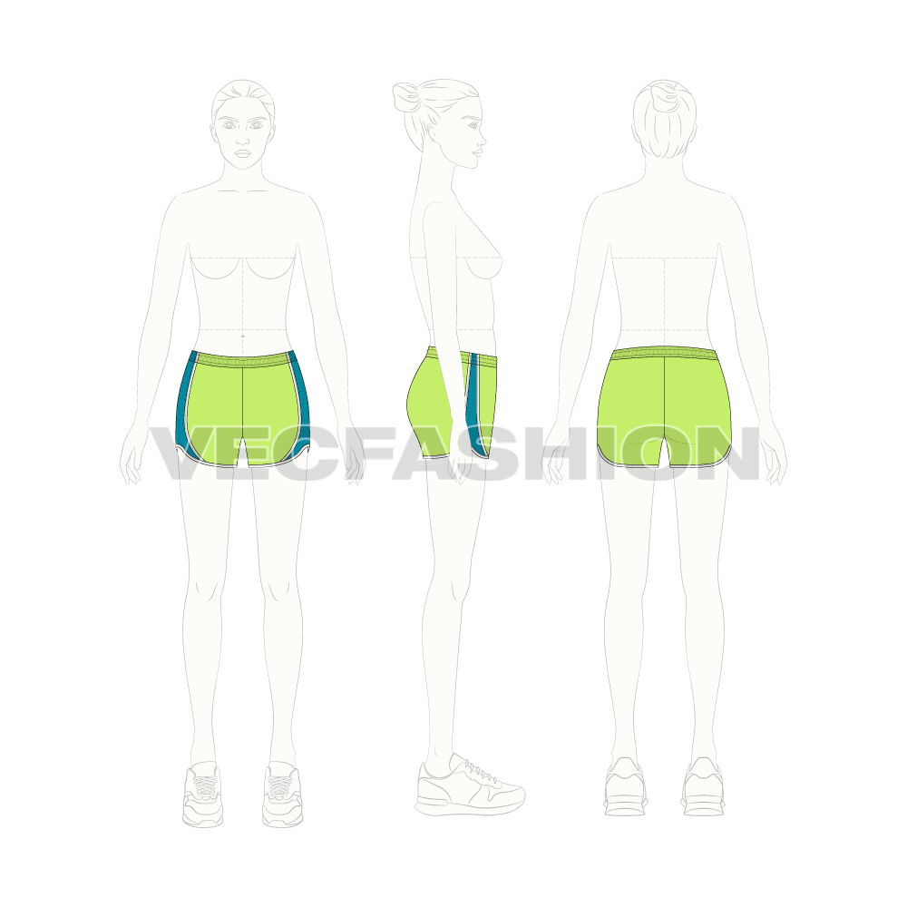 Womens sport shorts, curved hem flat sketch, croqui sketch