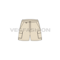 Womens sport shorts, cargo pocket flat sketch, front view