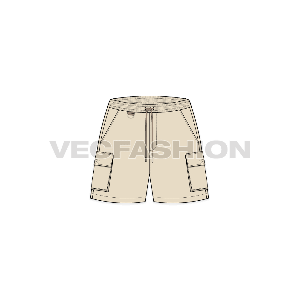 Womens sport shorts, cargo pocket flat sketch, front view