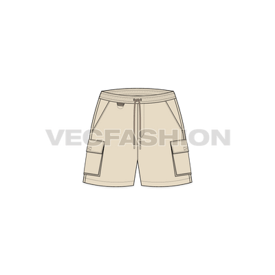 A vector fashion sketch for Women's Sport Shorts. It has elasticated waistband with cargo pockets on sides and a key holder attached in the waistline. 