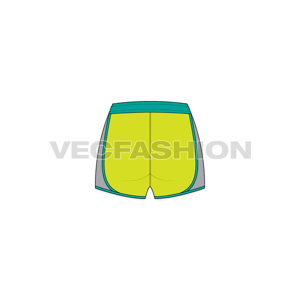 Womens sport shorts, double layer flat sketch, back view