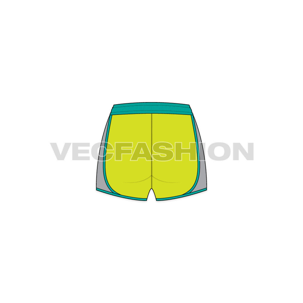 A vector illustrator template for Women's Sport Shorts. It has a wide elastic waistband and a pocket on side. There is a yoke at the back and double layer panel on sides going till bottom hem.