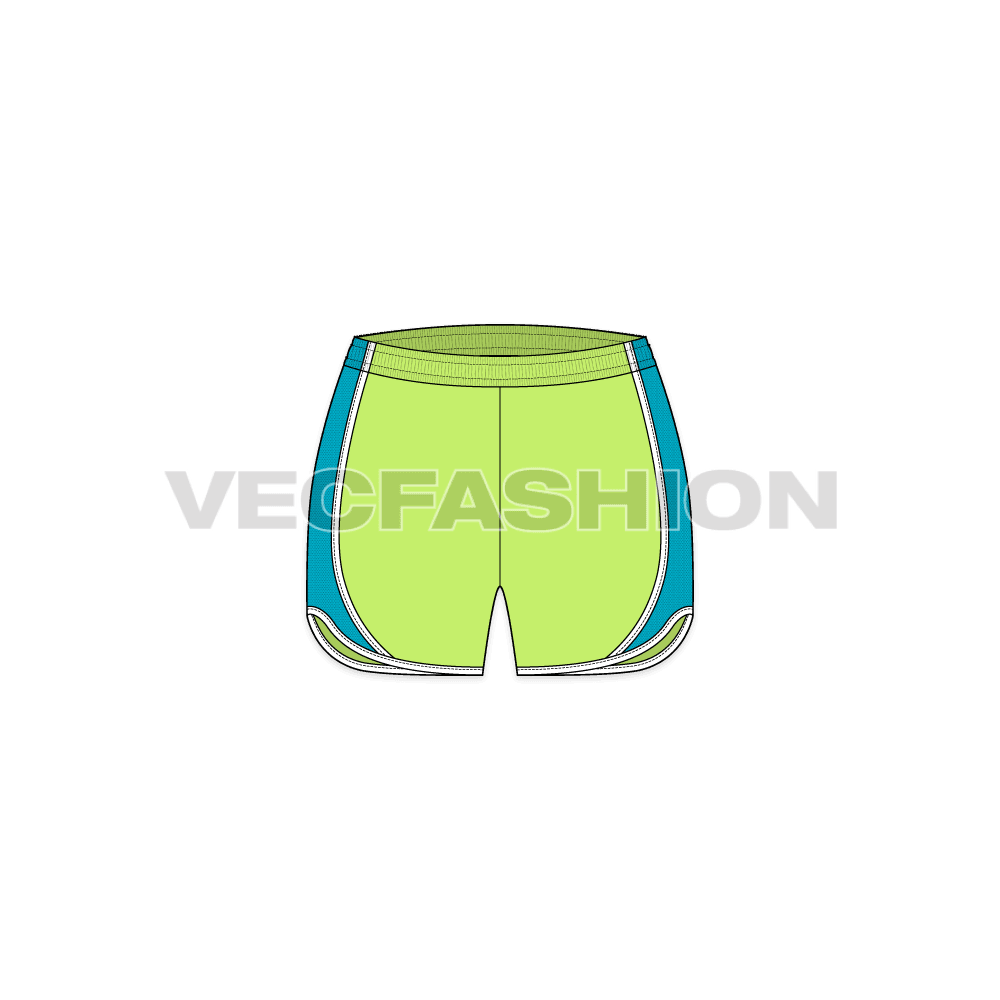 Womens sport shorts, curved hem flat sketch, front view