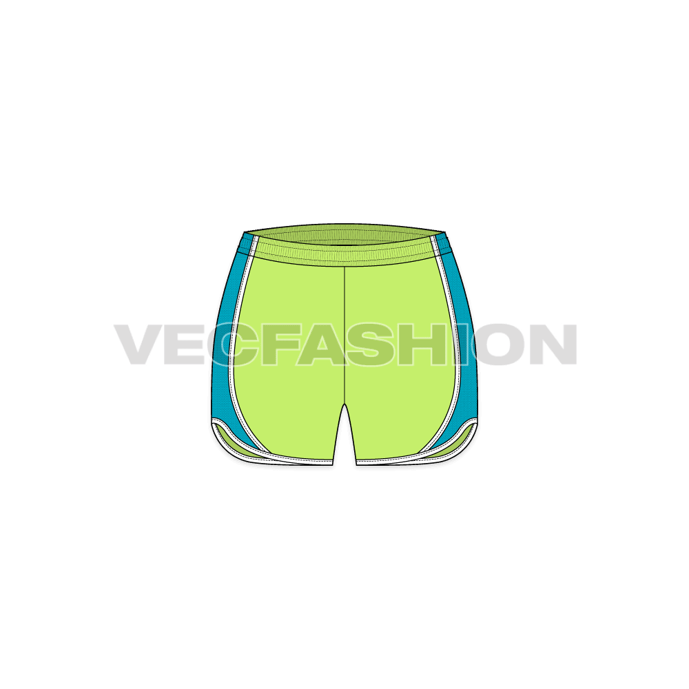 A vector fashion sketch template of Women's Sport Shorts. It has elasticated waistband with mesh panel on sides. The hem is curved from side seam and straight towards the inseam.
