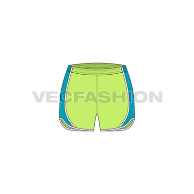 A vector fashion sketch template of Women's Sport Shorts. It has elasticated waistband with mesh panel on sides. The hem is curved from side seam and straight towards the inseam.