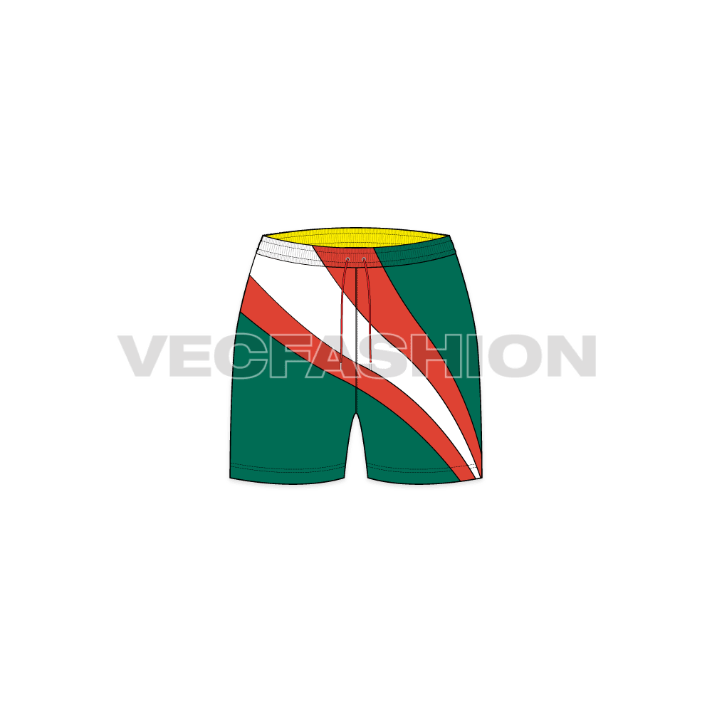 Womens sport shorts, wave panel flat sketch, front view