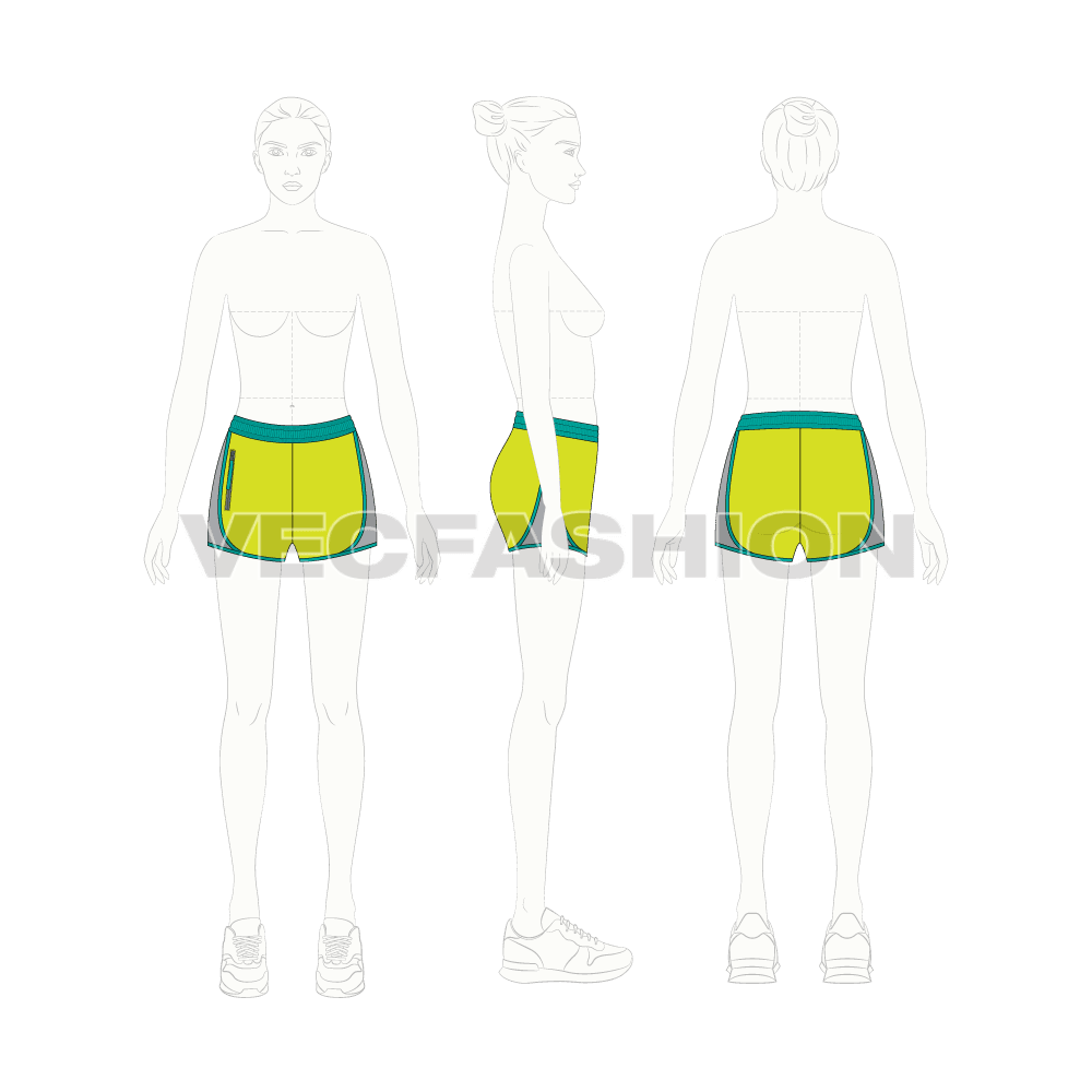 Womens sport shorts, double layer flat sketch, croqui sketch