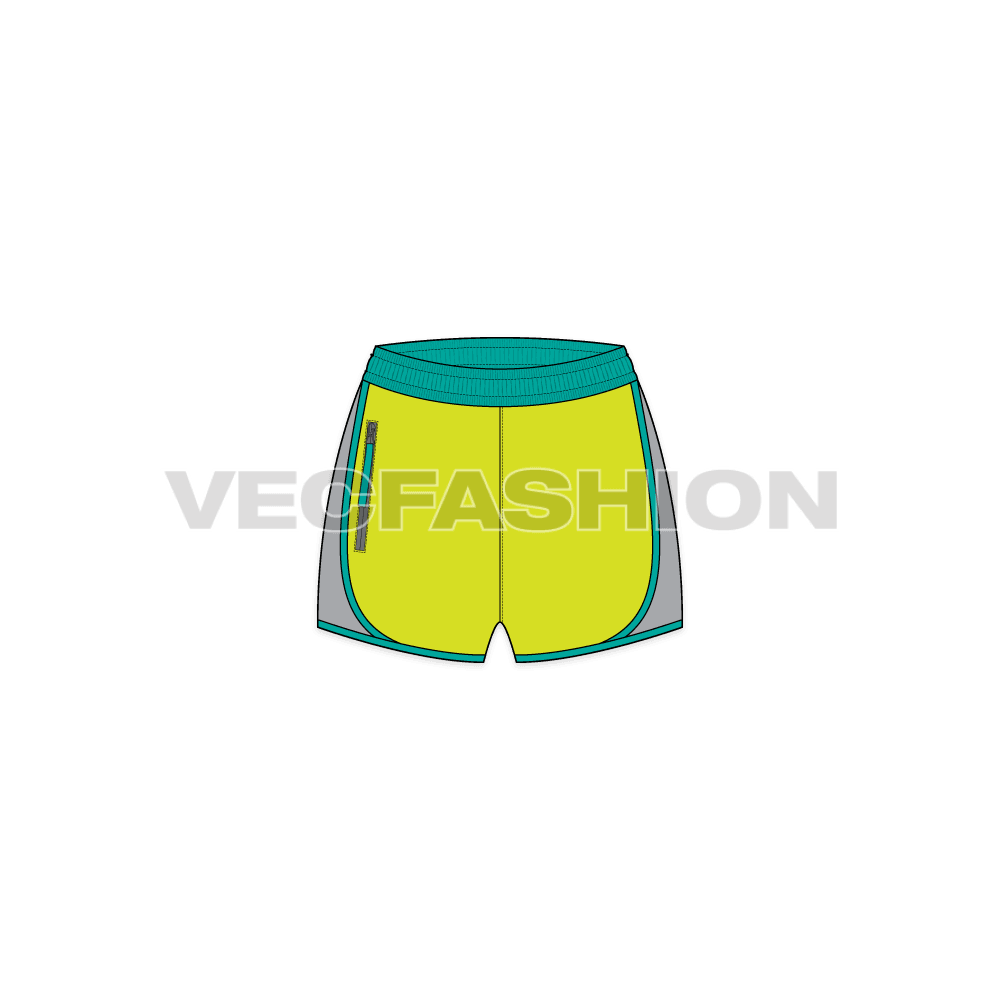 A vector illustrator template for Women's Sport Shorts. It has a wide elastic waistband and a pocket on side. There is a yoke at the back and double layer panel on sides going till bottom hem.