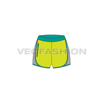 A vector illustrator template for Women's Sport Shorts. It has a wide elastic waistband and a pocket on side. There is a yoke at the back and double layer panel on sides going till bottom hem.