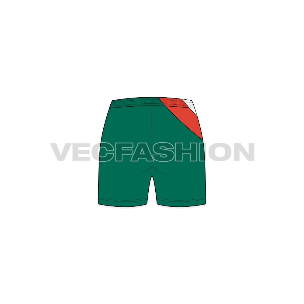 Womens sport shorts, wave panel flat sketch, back view
