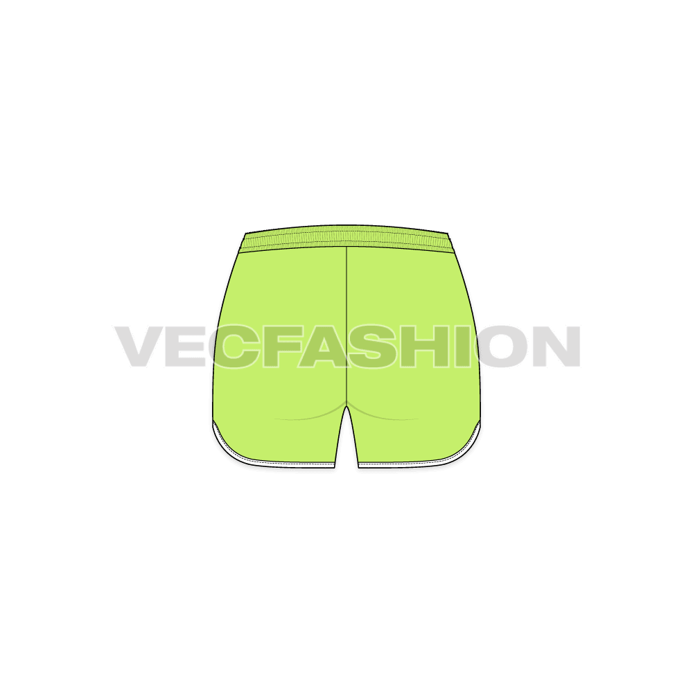 Womens sport shorts, curved hem flat sketch, back view