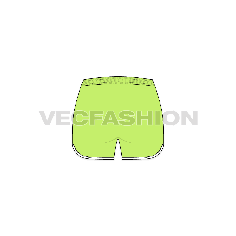 A vector fashion sketch template of Women's Sport Shorts. It has elasticated waistband with mesh panel on sides. The hem is curved from side seam and straight towards the inseam.