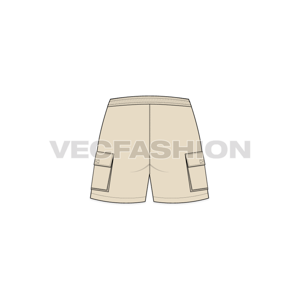Womens sport shorts, cargo pocket flat sketch, back view