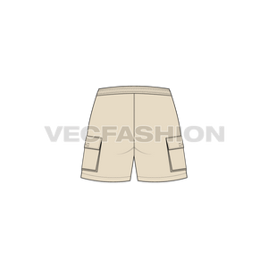 A vector fashion sketch for Women's Sport Shorts. It has elasticated waistband with cargo pockets on sides and a key holder attached in the waistline. 