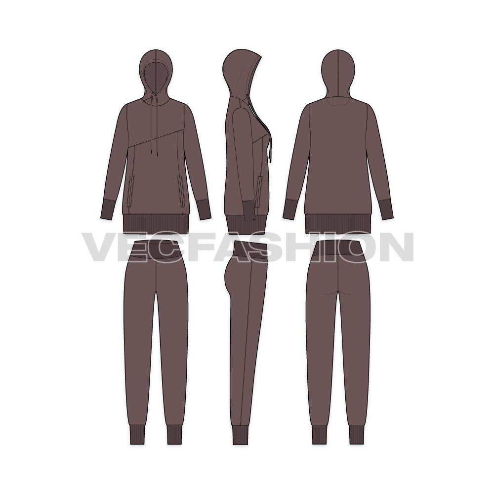 Womens sport sweatsuit flat sketch, showing all views, front, side and back