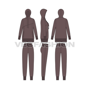 An editable vector template for Women's Sport Sweatsuit. It has an asymmetrical cutline on the chest and overlapping hoodie.