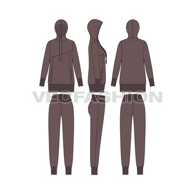 Womens sport sweatsuit flat sketch, showing all views, front, side and back