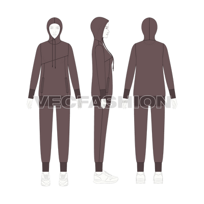 An editable vector template for Women's Sport Sweatsuit. It has an asymmetrical cutline on the chest and overlapping hoodie.