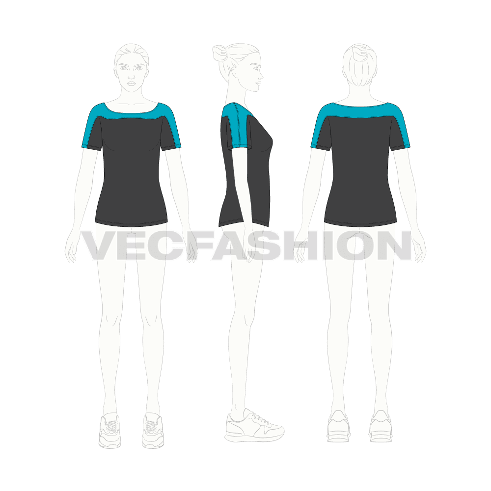 Womens sport t-shirt top flat sketch, croqui sketch